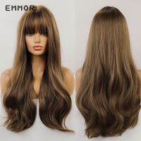 Emmor Synthetic Hair Wigs with Bangs Long Body Loose Wave Wigs for Women Brown with Blonde Heat Resistant Cosplay Lolita Wigs