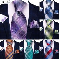 ▼✹✤ 2022 Plaid Light Purple Mens Tie Hanky Cufflinks Set Silk Necktie For Men Wedding Party Business Hi-Tie Fashion Brand Dropship