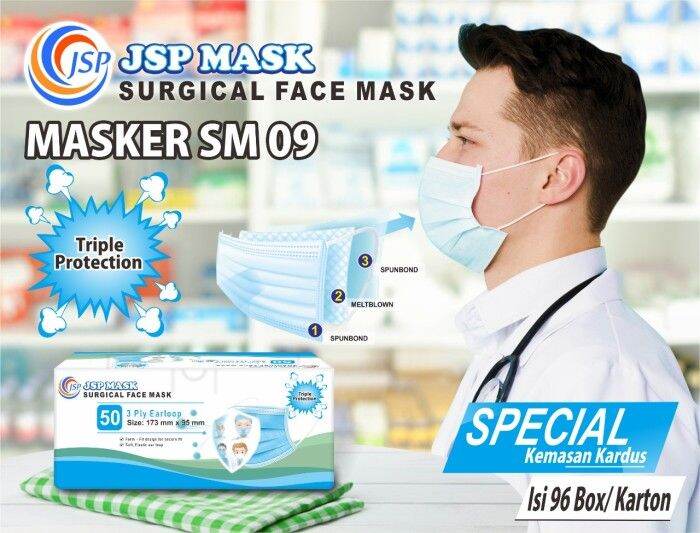 MASKER MEDIS JSP 3 PLY SURGICAL FACE MASK EARLOOP ISI 50 PCS KEMENKES ...