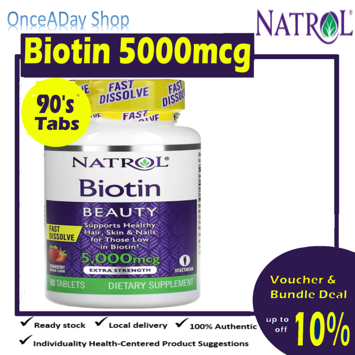 Natrol Biotin 5000mcg, Fast Dissolve, Extra Strength, Strawberry, 5,000 ...