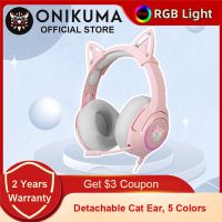 ONIKUMA K9 Pink Cat Ear Headphones with RGB LED Light Flexible Mic Gaming Headset 7.1 Surround Computer Earphones for PC Gamer