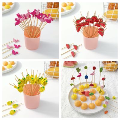 Fourchette à fruits en forme dananas flamant rose cure-dents en bambou pour cocktail fête hawaïenne anniversaire dété fournitures de mariage 100 pièces