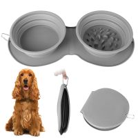 Folding Pet Bowl Non-slip Outdoor Adjustable Portable Anti Choking Pet Food Bowl Double Use Dog Feeder with Carabiner