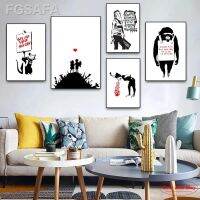 ¥ Banksy กราฟฟิตีสาวงานพิมพ์ผ้าใบศิลปะกับโปสเตอร์บอลลูนสีแดงภาพแต่งผนังแอ็บส์แทร็กสีดำสีขาวสำหรับตกแต่งบ้านแบบนอร์ดิก