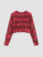 Cider Round Neckline Solid Hollow Out Knitted Long Sleeve Top