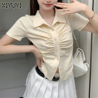 XIYUYI เสื้อยืดโปโลคอปกแขนสั้นสำหรับเด็กผู้หญิง2023ชิ้นเสื้อดีไซน์เก๋ๆจับจีบเสื้อยืดแขนสั้นลดรอบเอวผู้หญิง