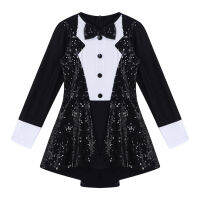 Girls Figure Ice Skating Dress Long Sleeves Bow Tie Sequins Adorned Ballet Dance Gymnastic Leotard Kids Latin Jazz Dancewear