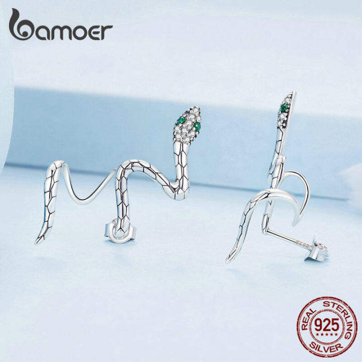 bamoer-ต่างหูเงินแท้925สีเขียว-zircon-snake-stud-earrings-ไม่สม่ำเสมอสำหรับผู้หญิง-cool-fashion-fine-jewelry-bse763zzth