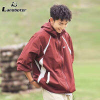 Lansboter เสื้อผ้าเดินป่ากลางแจ้ง,เสื้อผ้าป้องกันแสงแดดแบบเย็บสีตัดกันแนววินเทจเสื้อผ้าแนวลำลองสำหรับกีฬาฤดูร้อนของผู้ชายเสื้อผ้าป้องกันรังสียูวีแบบหลวมมีฮู้ด