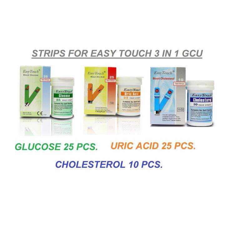 Easy touch test strips (GCU 3 in 1) for Glucose, Cholesterol and Uric