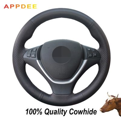 【YF】 APPDEE Hand-stitched Black Genuine  Leather Steering Wheel Cover for BMW X6 E71 2008-2014 E70 X5 2008-2013