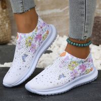 Flower Prints Knitted Flats for Women Plus Size Shiny Crystal Breathable Mesh Loafers Woman 2023 Autumn Slip-On Walking Shoes