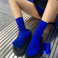 ㍿♙☂ Klein Blue Women Crew Socks Korean Fashion Retro Style Casual Street Sports Harajuku Solid Color Trend Green Orange Red Beige