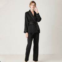 Womens Satin Black Pajamas Long Sleeve Robes with Long Pant High-grade Womens Pajamas Set Solid Colors Womens Satin Suit