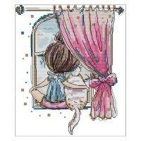 Cross Stitch Kits Stamped Embroidery Starter Kits for Beginners DIY 11CT 3 Strands - Little Girl and Cat 24X28CM