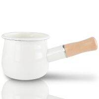 Enamel Milk Pan, Mini Butter Warmer 10cm Enamelware Saucepan Pan Cookware with Wooden Handle, Perfect Size for Heating Smaller Liquid Portions. (White)