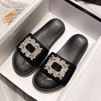 Big Size 34-43 Crystal Buckle Slippers Woman Glitter Cloth Slides Outside&amp;Home Casual Flipflops Lady Slip On Flat Sandals Femme