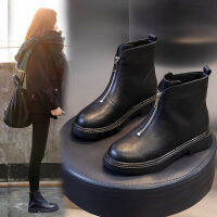 Head Layer Cowhide Martin Boots ผู้หญิง 2022 ฤดูใบไม้ร่วงและฤดูหนาวใหม่ร้อยรองเท้าผู้หญิงด้านหน้าซิปสั้นผู้หญิงบวกขนแกะรองเท้าเด็ก