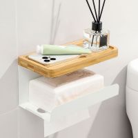 Stainless Steel Bamboo Tissue Holder Bathroom Wall Mount Toilet Paper Phone Holder Shelf Towel Roll Shelf Storage Rack Bathroom Counter Storage