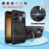 Case For Realme C55 RealmeC55 4G 2023 Phone Casing Back Cover Shockproof Bumper Car Stand Holder Bracket Soft TPU Edge Slide Window Camera Protect