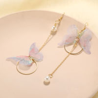 Korean Super Beautiful Asymmetric Butterfly Long Tassel Earrings Circle Pearl Zircon Earrings Retro Simple EarringsWomen