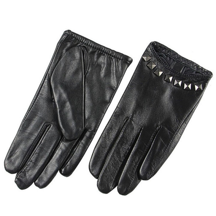 2021Special Offer Women Gloves Wrist Rivet Sheepskin Glove Female Thin Genuine Leather Hip-hop Lambskin Driving Limited L096NN
