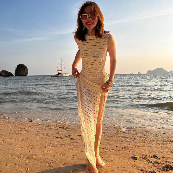 TAVIMART  -  Sexy Off-Shoulder Patchwork Mesh Irregular Dress Women Elegant Sleeveless Backless Party Evening Dress Holiday Beachwear