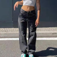 2021Pure color loose stretch low waist jean women 2021 new fashion straight leg pants women Y2k retro old button washed mother jeans