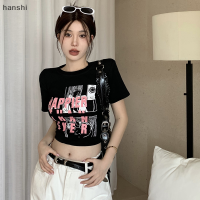 hanshi [2023 new HOT FASHION] lazlook เสื้อยืดแขนสั้นสำหรับผู้หญิงคอกลมเข้ารูปพิมพ์ลายย้อนยุคอเมริกันฤดูร้อน