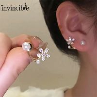 1Pair Korean Light Luxury Imitation Pearl Flower Stud Earrings/ Women Fashion Crystal Elegant Ear Stud Jewelry Party Gifts
