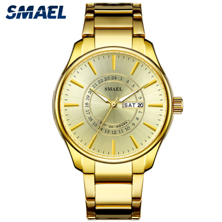 smael-นาฬิกาหรูสำหรับผู้ชายทองธุรกิจสแตนเลสชุดนาฬิกานาฬิกาควอทซ์กันน้ำที่มีการแสดงวันที่9020