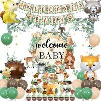 JOYMEMO Dekorasi Baby Shower วูดแลนด์ลูกโป่งฟอยล์รูปสัตว์ป่า Dekorasi Baby Shower ต้อนรับสำหรับเด็กทารกแบนเนอร์ฉากหลังเค้กที่แต่งหน้าคัพเค้กช่อดอกไม้ประดับสีเขียวสีน้ำตาลลูกโป่งฟอยล์รูปสัตว์สำหรับไม่ระบุเพศ