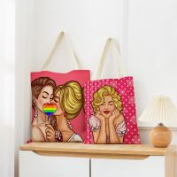 Funny Pop style Figures Double Sided Print Design Eco Shopping Bag Women Foldable Linen Handbag Portable Convenient Storage Tote