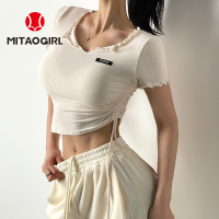 Mitaogirl เสื้อยืดแห้งเร็วของผู้หญิง,เสื้อใส่เล่นกีฬาวิ่งทรงสลิมแขนสั้นรัดรูปเซ็กซี่สำหรับฤดูใบไม้ผลิและฤดูร้อน