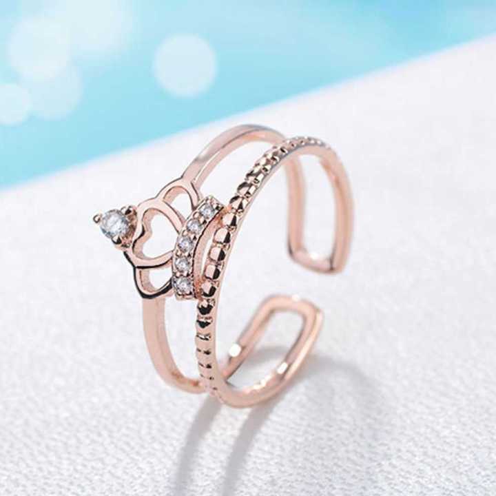 แหวนแฟชั่น-rose-gold-แท้-รูปมงกุฎประดับเพชร-free-size-แหวนแฟชั่น