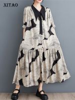 XITAO Drawstring Dress Goddess Fan Casual Print Pattern Loose Dress