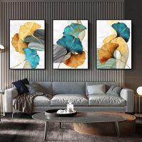 Golden Blue Leaf Plant ภาพวาดผ้าใบ Modern Abstract Wall Art โปสเตอร์และพิมพ์ภาพ Nordia สำหรับห้องนั่งเล่นตกแต่งบ้านคุณภาพสูง