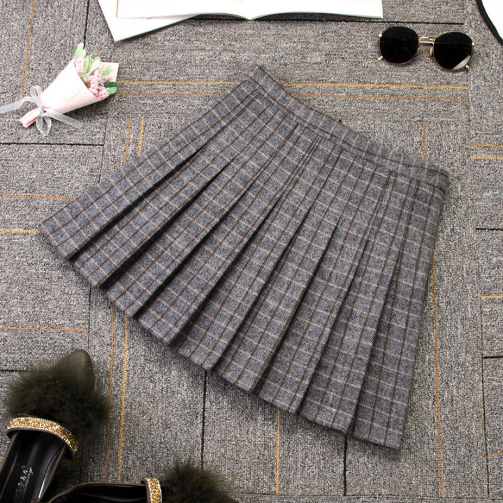 2021-autumn-and-winter-harajuku-woolen-pleated-women-skirt-yellow-plaid-zipper-thick-cotton-casual-large-size-a-line-mini-skirts