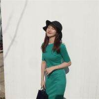 Womens solid color round neck short-sleeved mid-length dress