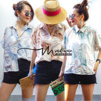 #2731 MondLune เสื้อเชิ้ตกระดุมผ่าหน้า มีกระเป๋าหน้า 2 ข้าง ผ้าไหมอิตาลี 100D ลายหินอ่อน ผ้าดี ลื่น พริ้ว ใส่สบาย ไม่ร้อน