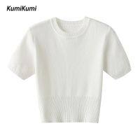 เสื้อกันหนาวลำลองฤดูร้อนขนสัตว์แบบถักสีทึบวินเทจสำหรับผู้หญิง KUMI