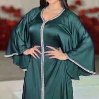 2023 Baru มุสลิม Abaya Wanita Mode Kristal Kaftan Marocain Islam Pakaian Lengan Besar SAR ซาติน