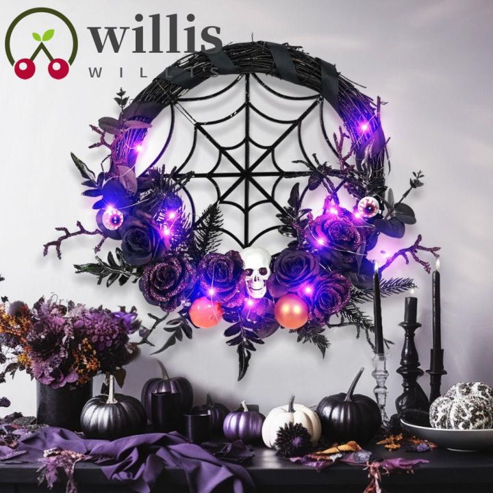 willis-พวงหรีดใยแมงมุม-กะโหลก-ใยแมงมุม-ผีสิง-ฮาโลวีน-ใช้แบตเตอรี่-พร้อมไฟสีม่วง-โครงกระดูกพลาสติก-กุหลาบ-ลูกตา-พวงหรีด-บ้านผีสิง