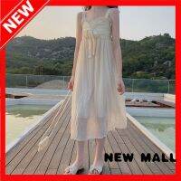 NEW MALL 2022 New Gentle Wind Mid-Length Pleated Bow Is Very Fairy Thin Bottoming Suspender Dress Female