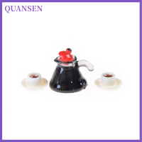 QUANSEN 3pcs Coffee POT CUP and จานรองชุดตุ๊กตาตกแต่งบ้านขนาดเล็ก