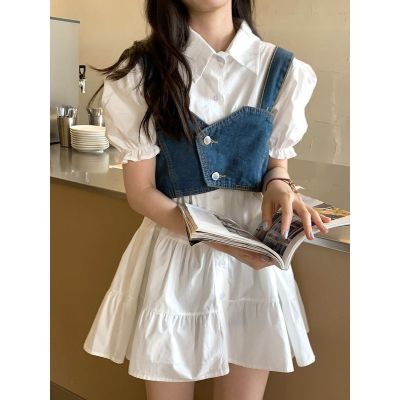 Hong Kong style shirt womens design sense niche bubble sleeve loose and versatile denim suspender with overlay vest two-piece set