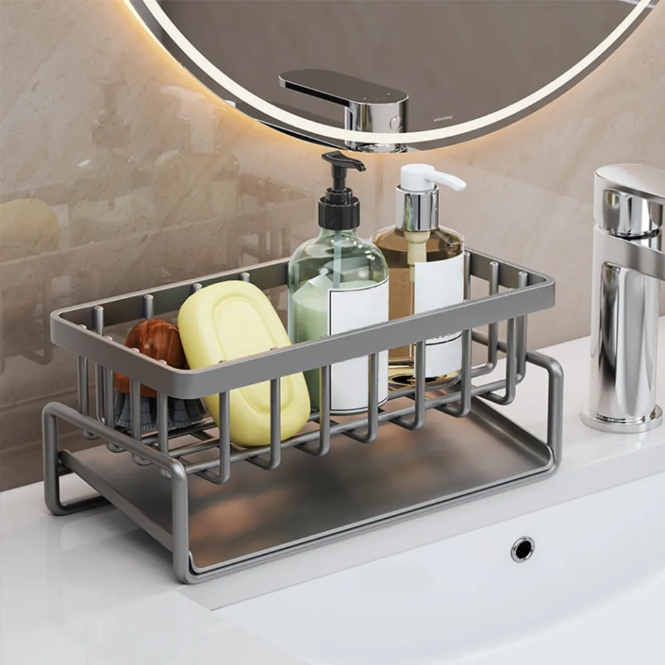 EEEkit Sink Organizer Sponge Holder, Kitchen Sink Caddy Brush Holder for Scrubbers, Soap, Bathroom, Size: 20*11*9cm, Gray