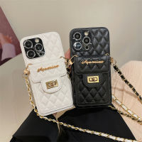 เคสสำหรับ iPhone 11 12 13 14 Pro Max X Xs Max Xr 7 8 Plus เคสสายพาดลำตัวแบบกระเป๋าสตางค์ทรงสี่เหลี่ยมขนมเปียกปูนหรูหราหนังลายสานกระเป๋าใส่บัตร