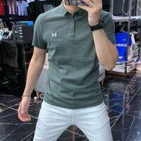 ปกพับ POLO เสื้อ T เสื้อเชิ้ตผู้ชายผ้าฝ้ายปักลายผ้าลินินครึ่งแขนสีทึบเสื้อผ้าผู้ชายแขนสั้นแบบบางสำหรับฤดูร้อน