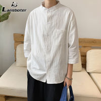 Lansboter เสื้อลำลองแขนสามส่วนของผู้ชาย,เสื้อเชิ้ตสีทึบหลวมเสื้อยืดสตรีพิมพ์ลาย